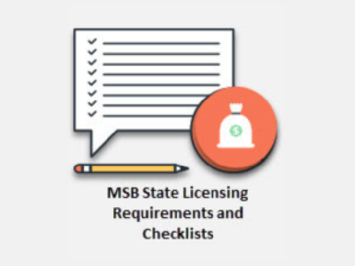 A Paper With A Checklist And Checkmarks On The Left Side And A Pencil At the Bottom Of the Page And A Bag With a Money Symbol With The Words "MSB State Licensing Requirements and Checklists" Below The Image