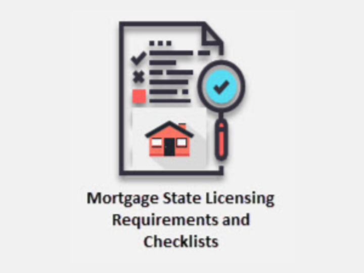 A Report With A Picture Of A House At The Bottom Of The Page And A Magnifying Glass Next To The Edge Of the Paper With The Words "Mortgage State Licensing Requirements and Checklists"