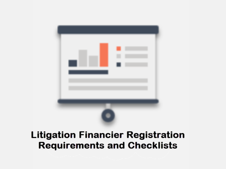 A Flat Screen Monitor Showing A Report With Charts With The Words "Litigation Financier Registration Requirements and Checklists" Below The Image