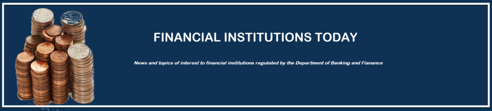 Stacks of coins on the left side and Financial Institutions Today written in text centered 
