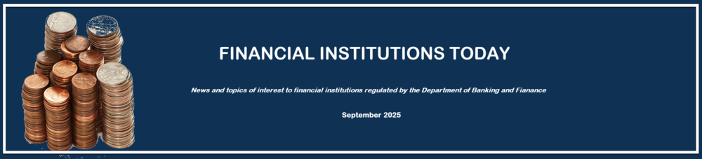 Coins in Stacks of Pennies, Quarters, Dimes, and Nichols with Financial Institutions Today - September 2025 written in text